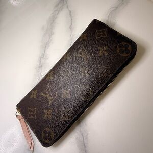 Louis Vuitton Clemence Brown Monogram Zip Wallet in Rose Ballerine
